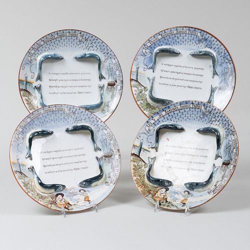 Set of Four Amieux Frères Transfer Printed and Enriched Promotional Sardine Plates