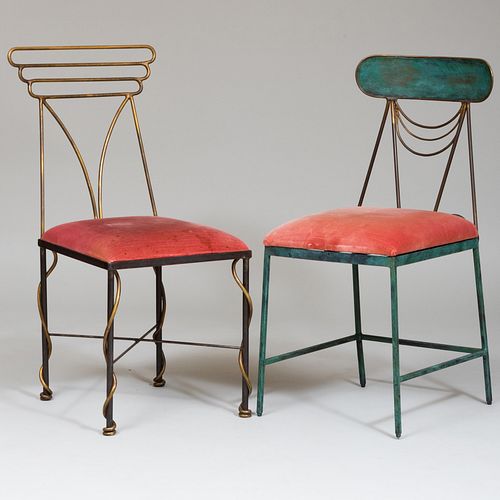 Two Similar Whimsical Patinated Metal Side Chairs