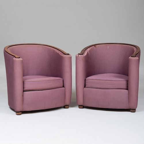 Pair of Art Deco Burlwood and Upholstered Tub Chairs