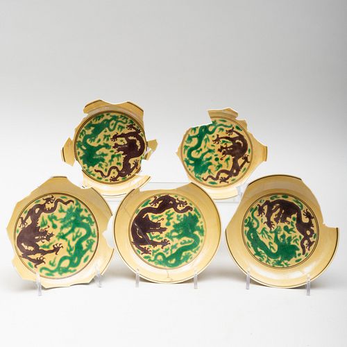 Group of Five Chinese Yellow Glazed Porcelain Dragon Saucers