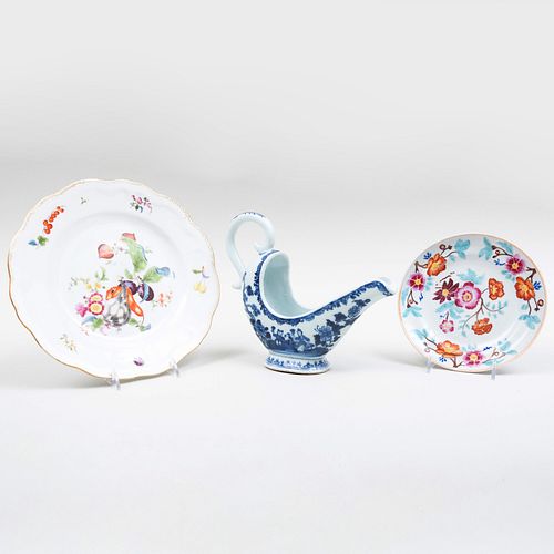 Chinese Export Porcelain Sauce Boat, a Plate, and a China Trade Side Plate