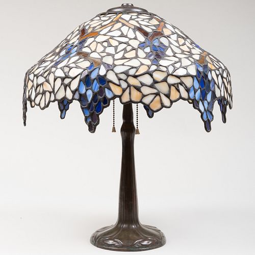 Tiffany Style Leaded Glass Lamp and a Patinated Bronze Base