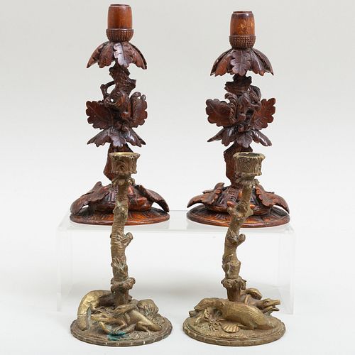 Pair of English Carved Wood Squirrel and Oak Candlesticks and a Pair of Gilt-Metal Twig and Animal Candlesticks