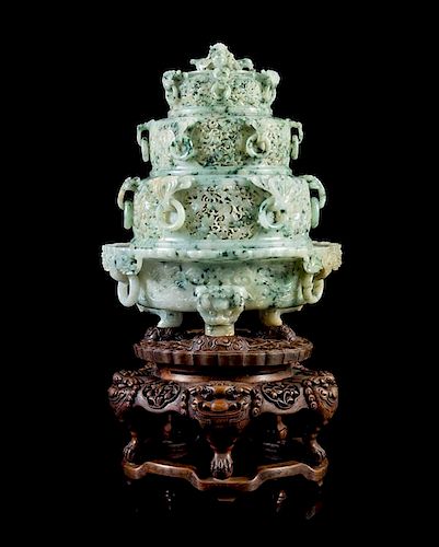 A Large Chinese Imperial Pierce- and Relief Carved Jadeite Four Tier Tripod Censer LATE QING DYNASTY