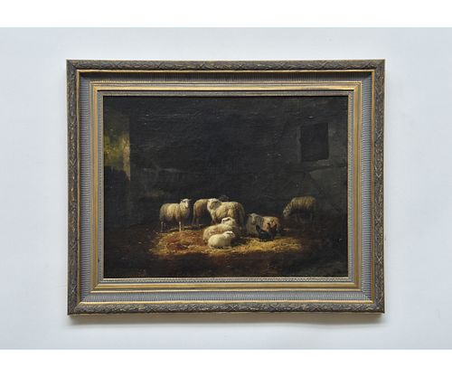 Oil on Canvas Sheep and Chickens