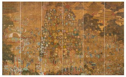A Set of Six Chinese Ink and Color on Silk Panels MING DYNASTY 81 1/4 x 22 3/4 inches.