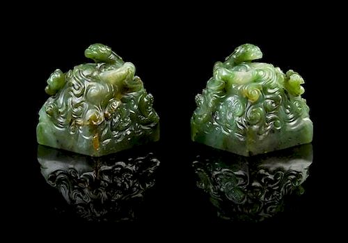 A Rare Pair of Chinese Imperial Spinach Jade Seals 18TH CENTURY, LIKELY QIANLONG PERIOD