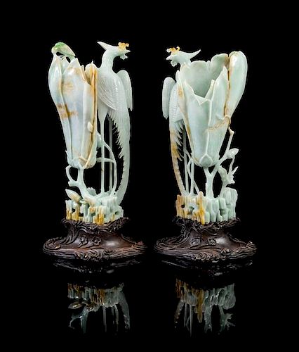 A Pair of Unusual Large Chinese Greenish-White Jadeite Phoenix Birds and Vase Group LATE QING DYNASTY Height of taller 15 inches