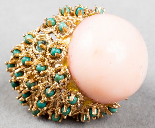 Vintage 14K Yellow Gold Coral & Turquoise Ring