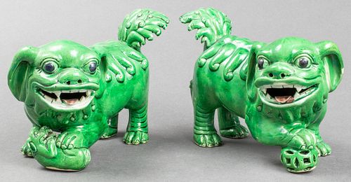 Chinese Green Glaze Pottery Foo Dogs, Pair