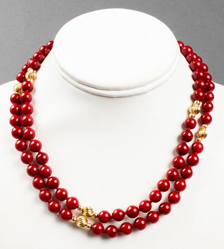 Vintage 14K Yellow Gold & Red Agate Bead Necklace