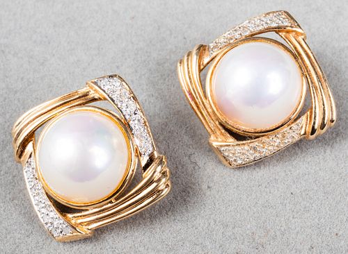 14K Yellow Gold Diamond Mabe Pearl Clip Earrings