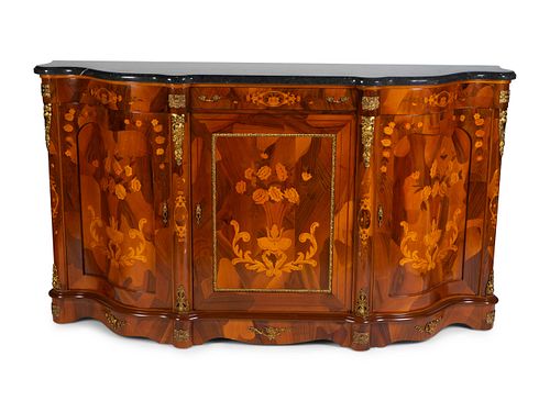 A Louis XV Style Gilt-Metal-Mounted Marquetry Credenza
Height 43 1/2 x length 75 x depth 20 inches.