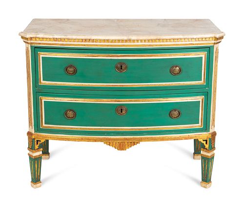 A Louis XVI Style Parcel-Gilt and Painted Bow-Front Commode
Height 36 x width 44 x depth 20 inches.