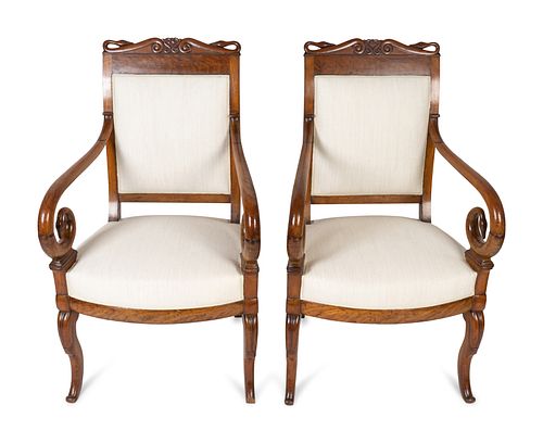 A Pair of Louis Philippe Style Burl Walnut Swan-Crested Fauteuils
Height 39 x width 23 x depth 18 1/2 inches.