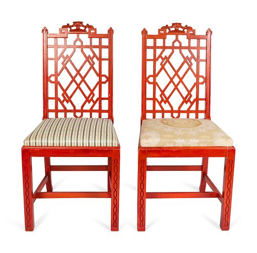 A Set of Eight Chinese Chippendale Style Red Lacquer Side Chairs