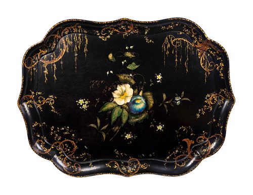 An English Parcel-Gilt and Polychromed Papier-MÃ¢che Oval Tray
31 x width 23 1/2 inches.