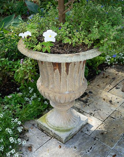 Four Campana Form Painted Iron Jardinieres on Plinth Bases
Height 27 x diameter 15 inches.
