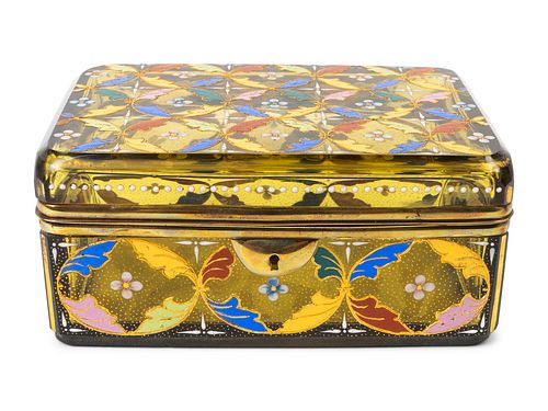 A Continental Enameled Glass Box
Height 3 x length 6 1/2 x depth 4 1/2 inches.