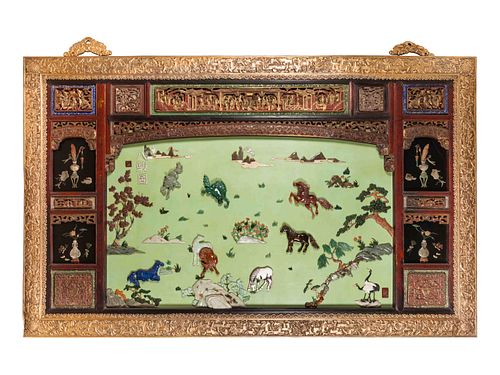 A Large Chinese Export Gilt Bronze-Framed Carved Lacquer and Hardstone Inlaid Wall Panel
Height 69 1/2 x width 112 inches.