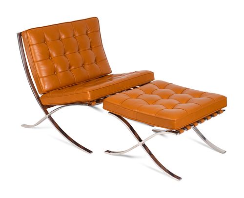 A Mies van der Rohe Chrome and Caramel Leather Barcelona Chair and Ottoman
Height 29 x width 30 x depth 29 inches.