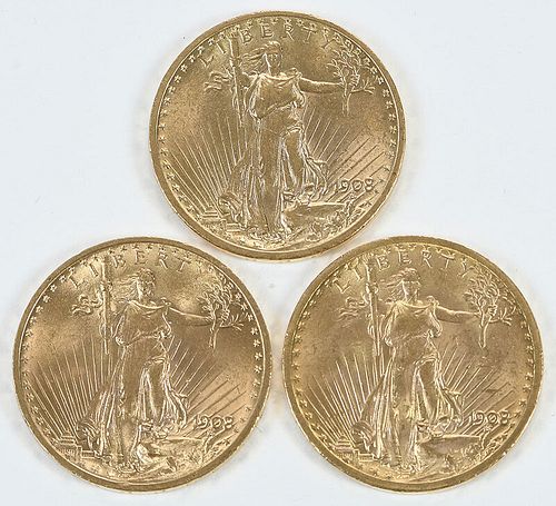 Three St. Gaudens $20 Gold Coins