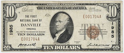 1929 $10 First National Bank Danville, Virginia 