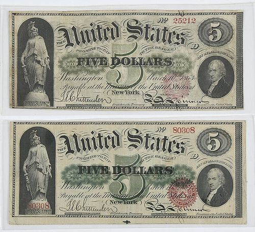 Two 1863 $5 Legal Tender Notes 