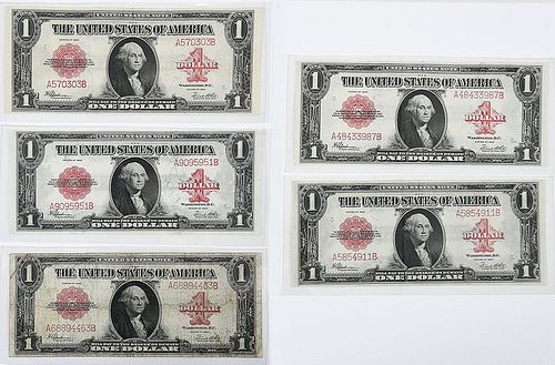 Five 1923 Red Seal $1 Notes 
