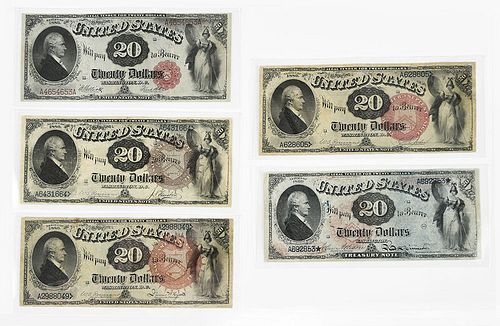 Group of Five $20 Legal Tender Notes 