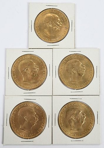 Five Austrian 100 Corona Gold Coins 
