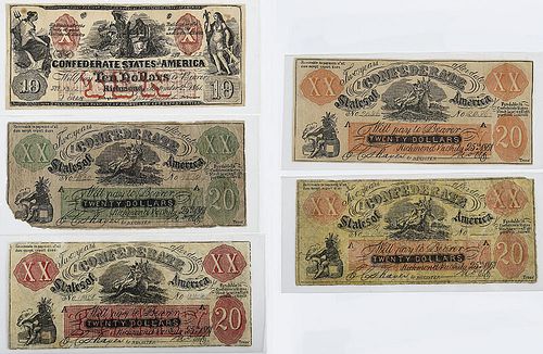 Five Counterfeit Confederate Notes