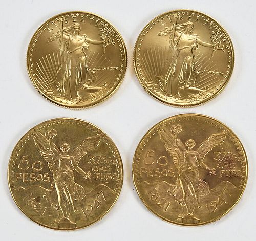 Four Gold Coins, U.S. and Mexico