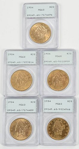 Five Liberty Head $20 Gold Coins