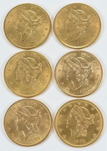 Six Liberty Head $20 Gold Coins