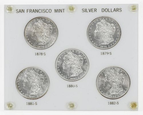 Five San Francisco Morgan Silver Dollars