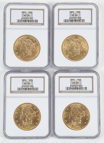 Four Liberty Head $20 Gold Coins