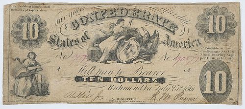 1861 $10 Confederate Note T-10