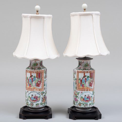Pair of Chinese Export Canton Famille Rose Porcelain Vases Mounted as Lamps and a Pair of Custom Illumé Shades