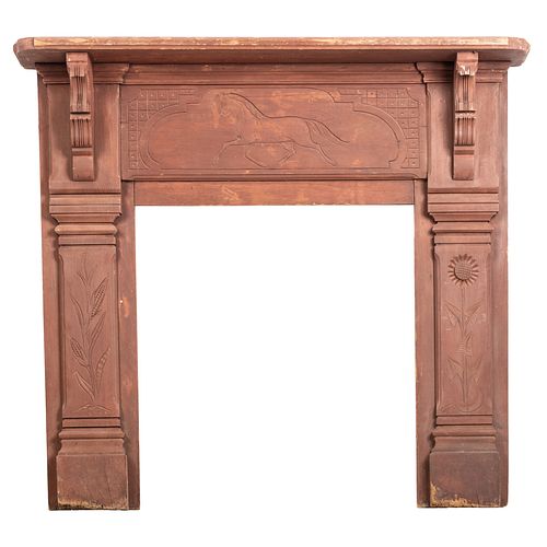 A Sunflower, Cornstalk and Horse Chip-Carved and Red-Painted Pine Fireplace Surround