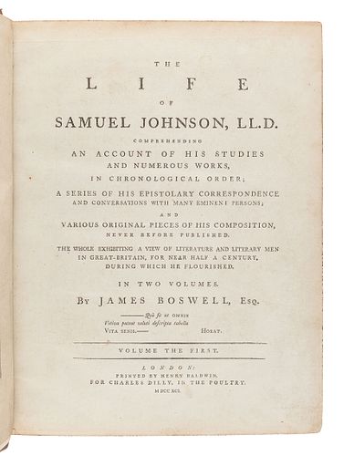 BOSWELL, James (1740-1795). The Life of Samuel Johnson. London: Henry Baldwin for Charles Dilly, 1791.