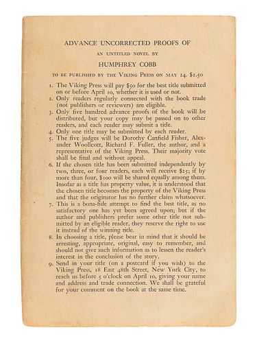 COBB, Humphrey (1899-1944). [Paths of Glory]. "Advance Copy of A Novel (As Yet Untitled)." New York: The Viking Press, 1935.  