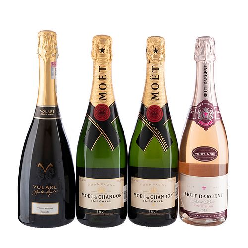Vino Espumoso y Champagne. a) Brut dargent. b) Volare. c) Moët & Chandon. Total de piezas: 4.