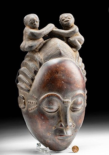 Early 20th C. African Baule Wood Mask w/ Figures