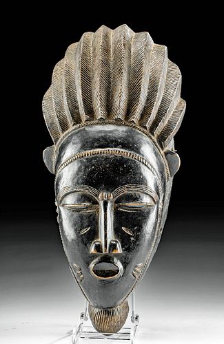 Early 20th C. African Baule Wood Mask with Headdress