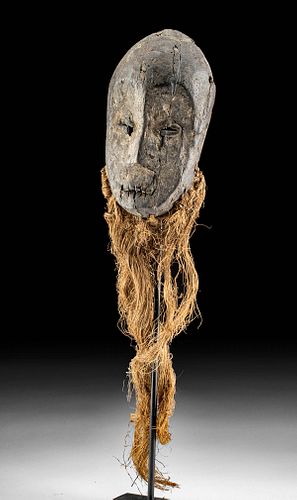 mid 20th C. African Lega Wood Mask with Raffia Beard