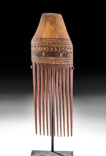 Mid 20th C. Papua New Guinea Wood Comb w/ Incised Motif