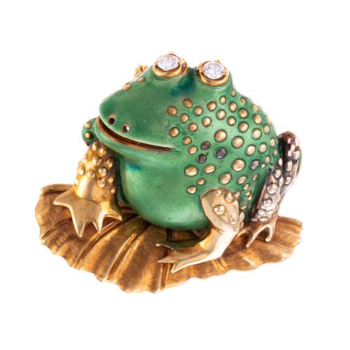 An 18K Enameled & Diamond Frog on Lily Pad Pin