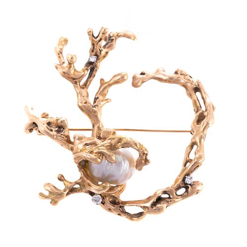 A Large Freeform 14K Pin with Pearl & Diamonds