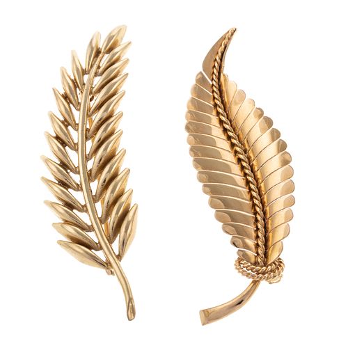 A Pair of Leaf Pins in 14K & 18K Yellow Gold